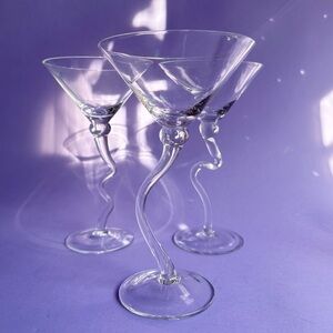 Set of 3 Large Curved Squiggly Stem Martini Glasses - Clear Glass